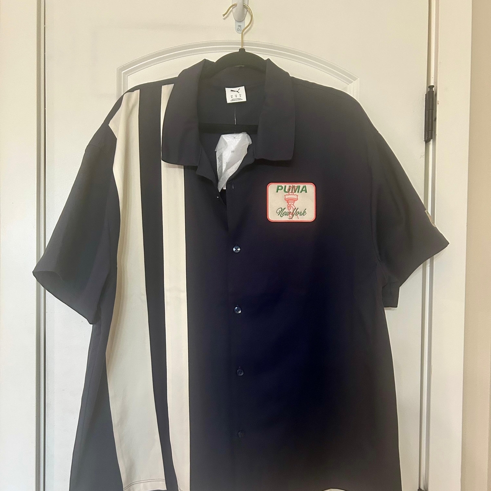 NWOT Puma Men's Navy Blue and Cream Button Down Shirt